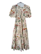 THML Cream Botanical Floral Smocked Maxi Dress Cottagecore Ruffle Puff Sleeve M