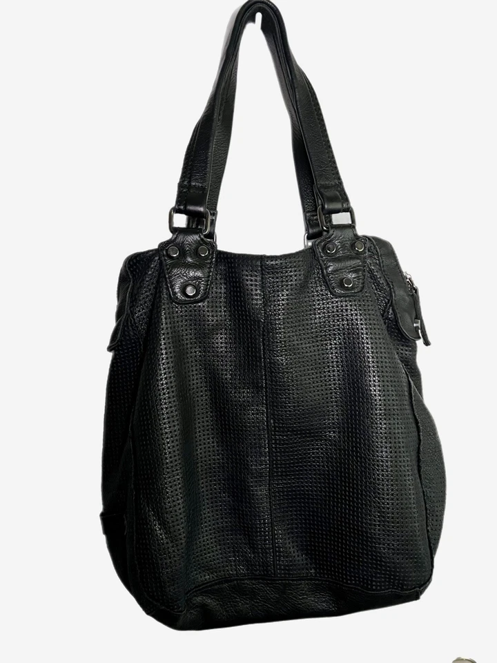 Linea Pelle Collection Black Dylan Perforated Leather Tote Purple Liner Handmade - Image 2 of 4