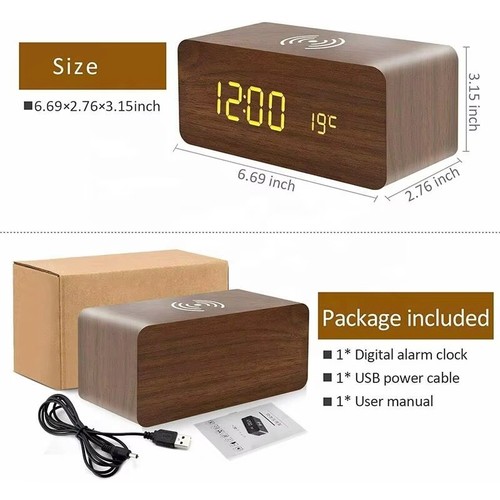 Sveglia da comodino digitale in legno LED Qi ricarica wireless batteria USB 3 sveglia - Foto 3 di 10
