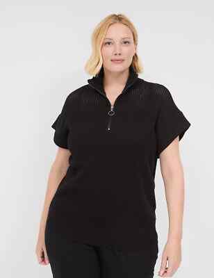 Lane Bryant Size 22/24 Livi Open Stitch Half-Zip Sweater Short Sleeve Black NWT