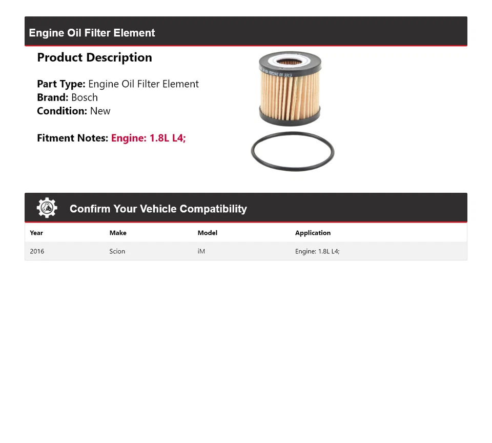 Filtro de aceite premium Bosch Scion iM 2016 1,8 L L4 Foto 2 de 3