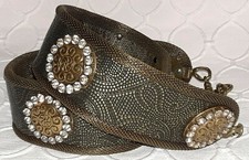 NANNI SMALL Embossed OLIVE Leathr Bohemian Mesh Chain Rhinstones Wide Belt ITALY