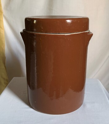 French confit lidded stoneware crock. Brown glaze. Vintage, 10'' h