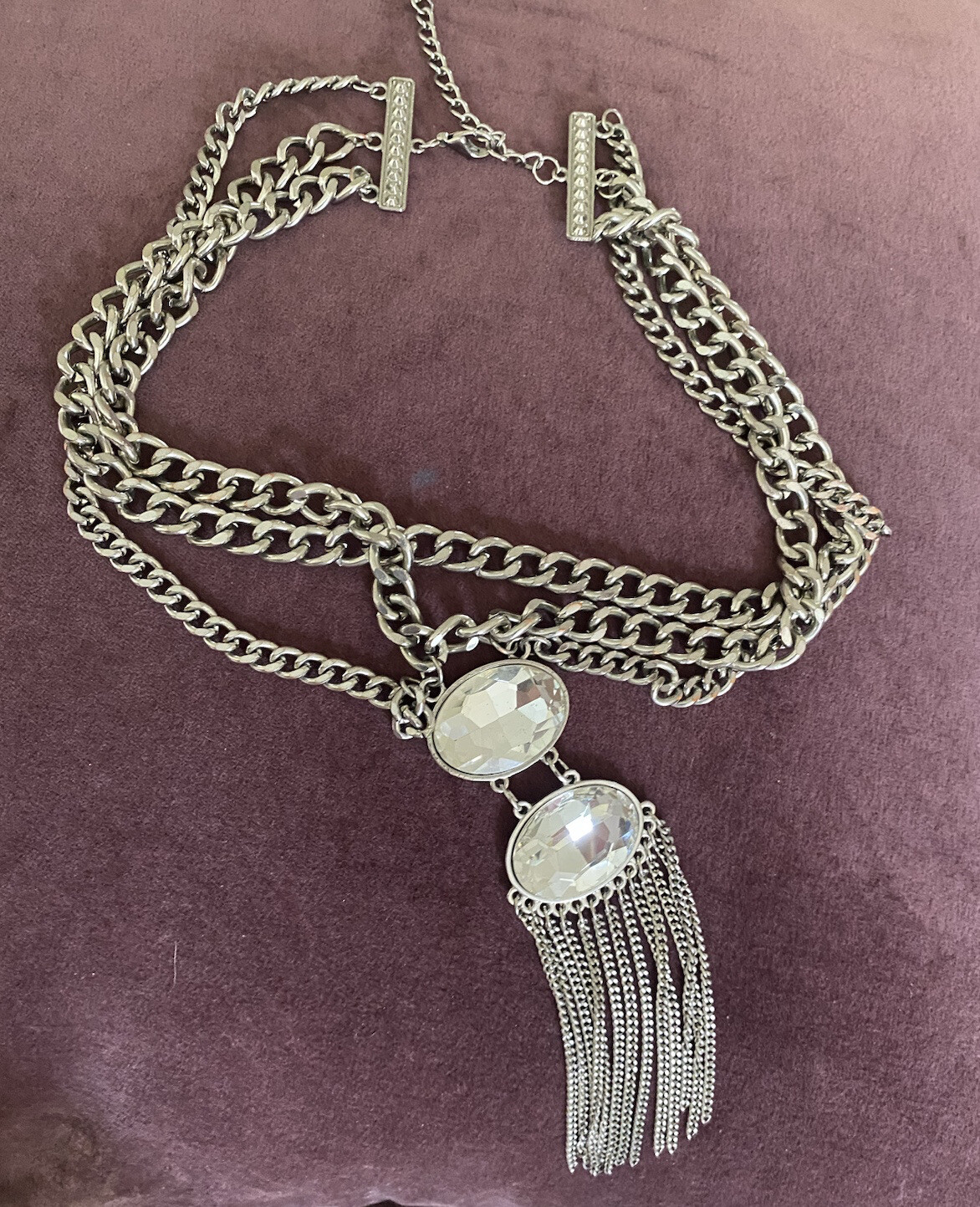 Funky Silver Tone Chains Choker large Pendant Rhi… - image 3