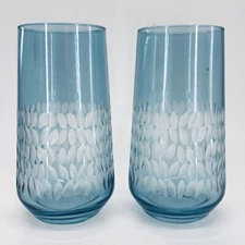 Blue Drinking Glasses Juice Tumblers 2 Blown Glass Cut to Clear Leaf Pattern 6”T
