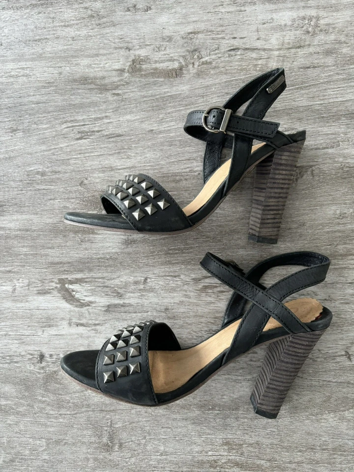 DIESEL Cuir Desir Soleil Tacón Bloque Tachonado Cuero Negro Correa al Tobillo Talla 37 Foto 2 de 4