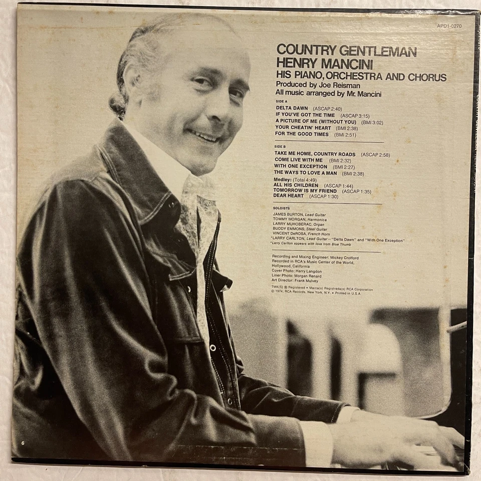 Henry Mancini ‎– Country Gentleman Vinyl, LP 1974 RCA Victor ‎Quadraphonic - Image 3 of 4