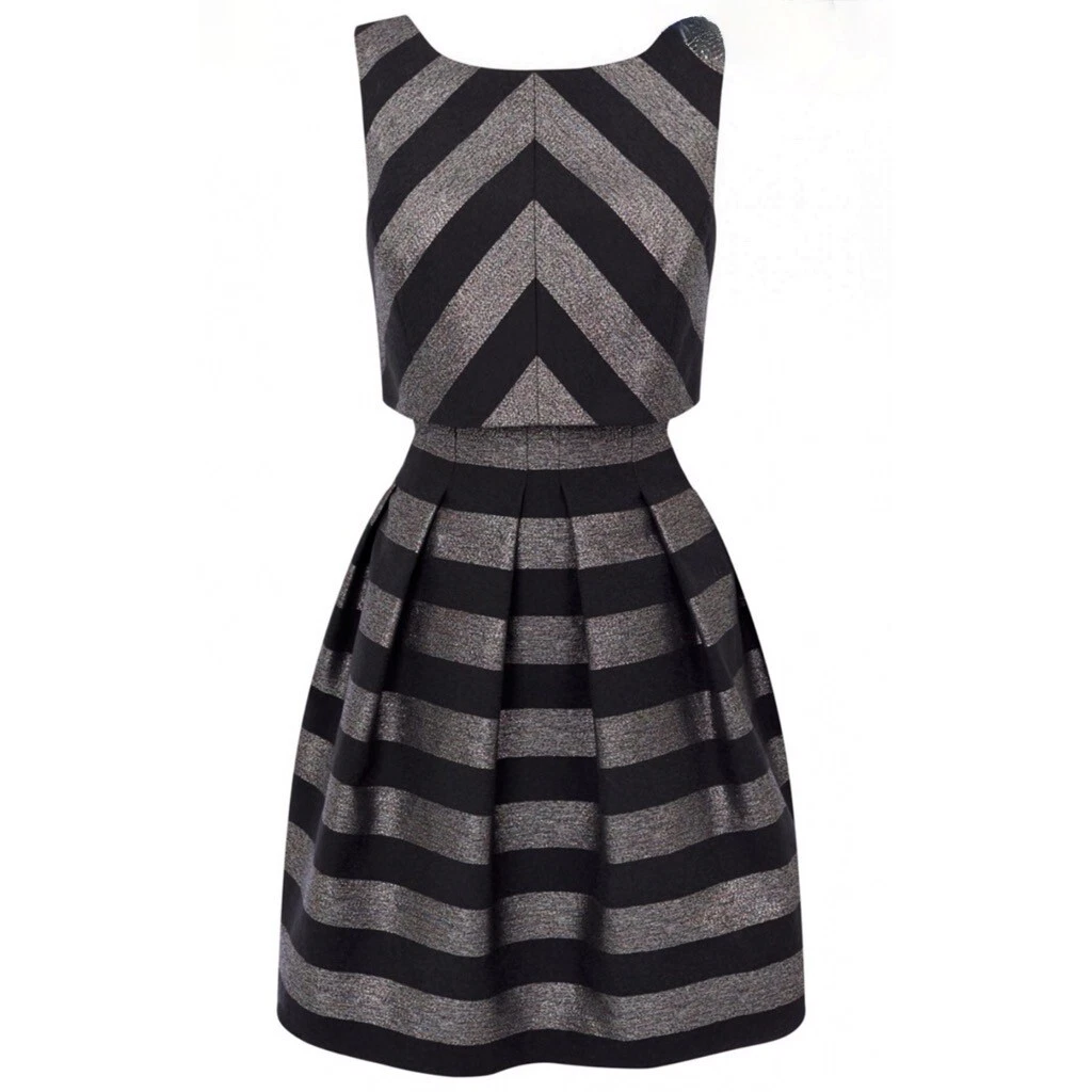 NWT KAREN MILLEN Silver Black Metallic Stripe Dress Pleated Cocktail US 6
