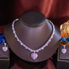 Pink Heart Drop Earrings Necklace Set Silver Plated Cubic Zirconia Women Jewelry