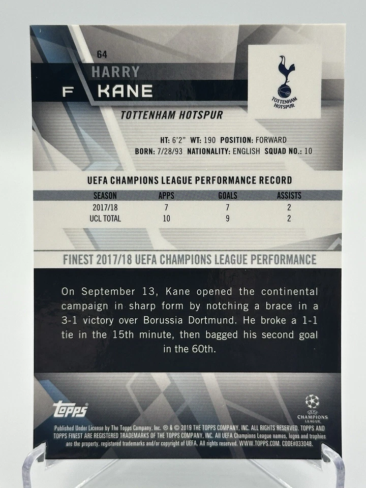 2018-19 Topps Finest UCL Harry Kane Purple Refractor 226/250 #64 Tottenham - Image 3 of 3