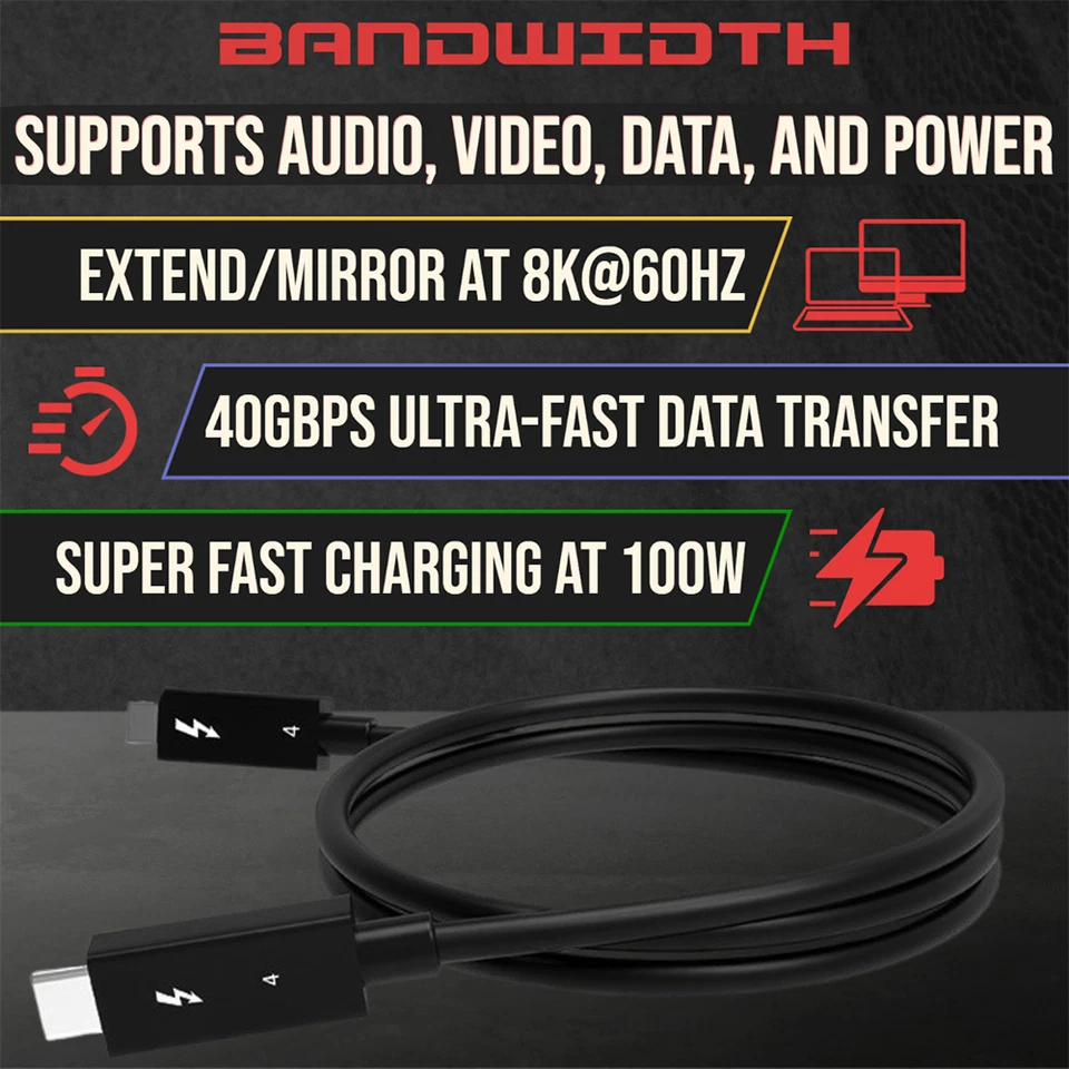 Thunderbolt 4 Cable 1M 40Gb/s 100W 8K USB-C for Apple Thunderbolt 4 USB-C Cable - Image 2 of 4
