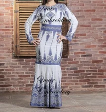 women Kuftan thoub abaya Maxi Dress White And Blue PETITE SIZE CHECK Description
