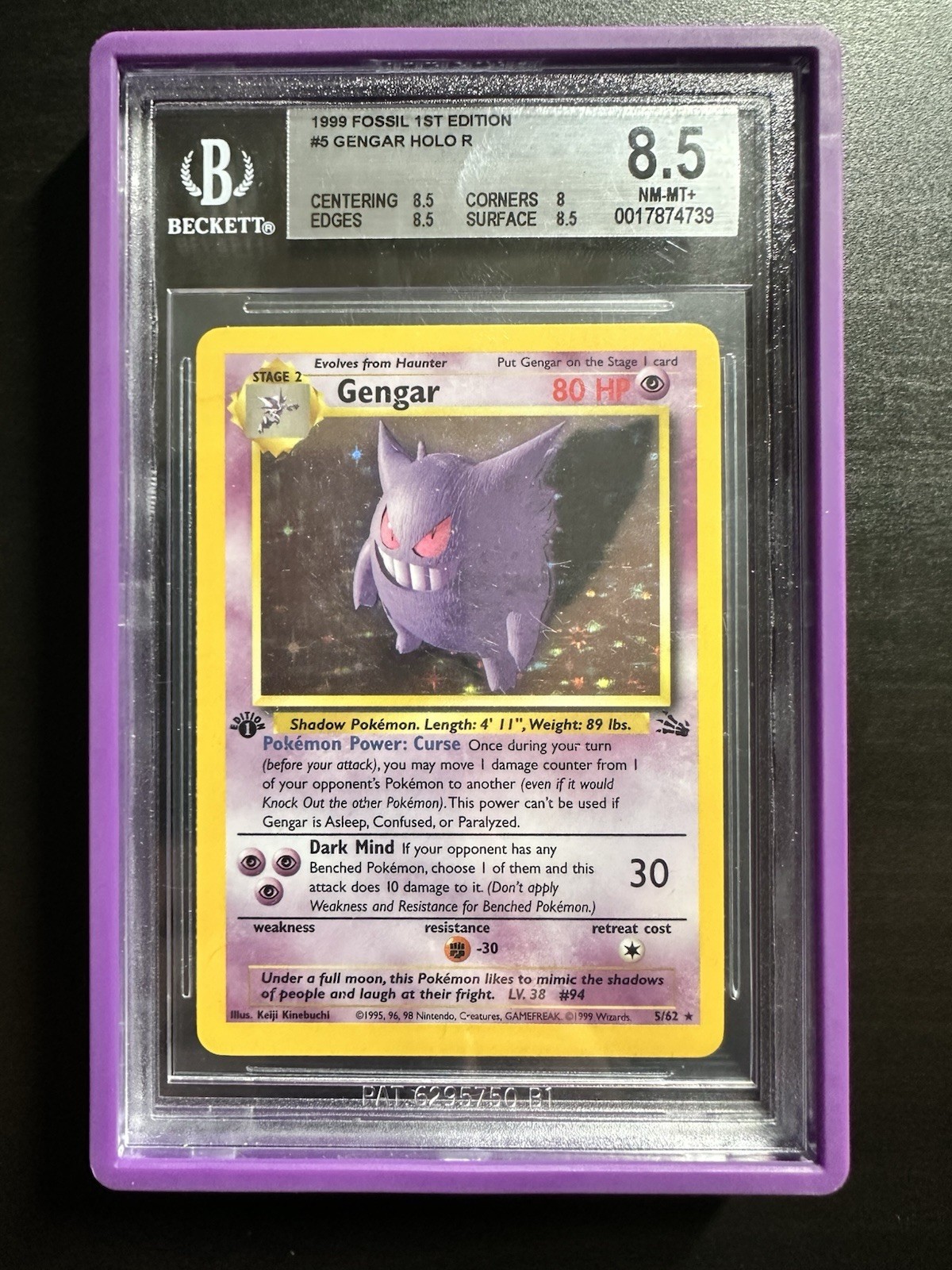 BGS 8.5 NM/MT+ Gengar 5/62 Holo Fossil 1999 1st Edition Graded Pokemon