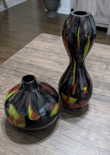 2 Heavy Vintage Glass Vases Black Green Red
