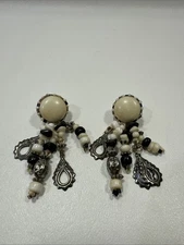 Vintage Dangle Beaded Bead Rock Stone Charm Earrings Statement Jewelry
