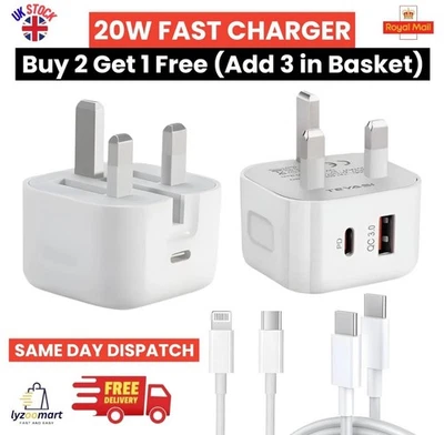 For iPhone 17 16 15 14 13 12 Pro Max X Fast 20W USB-C PD Plug Charger and Cable