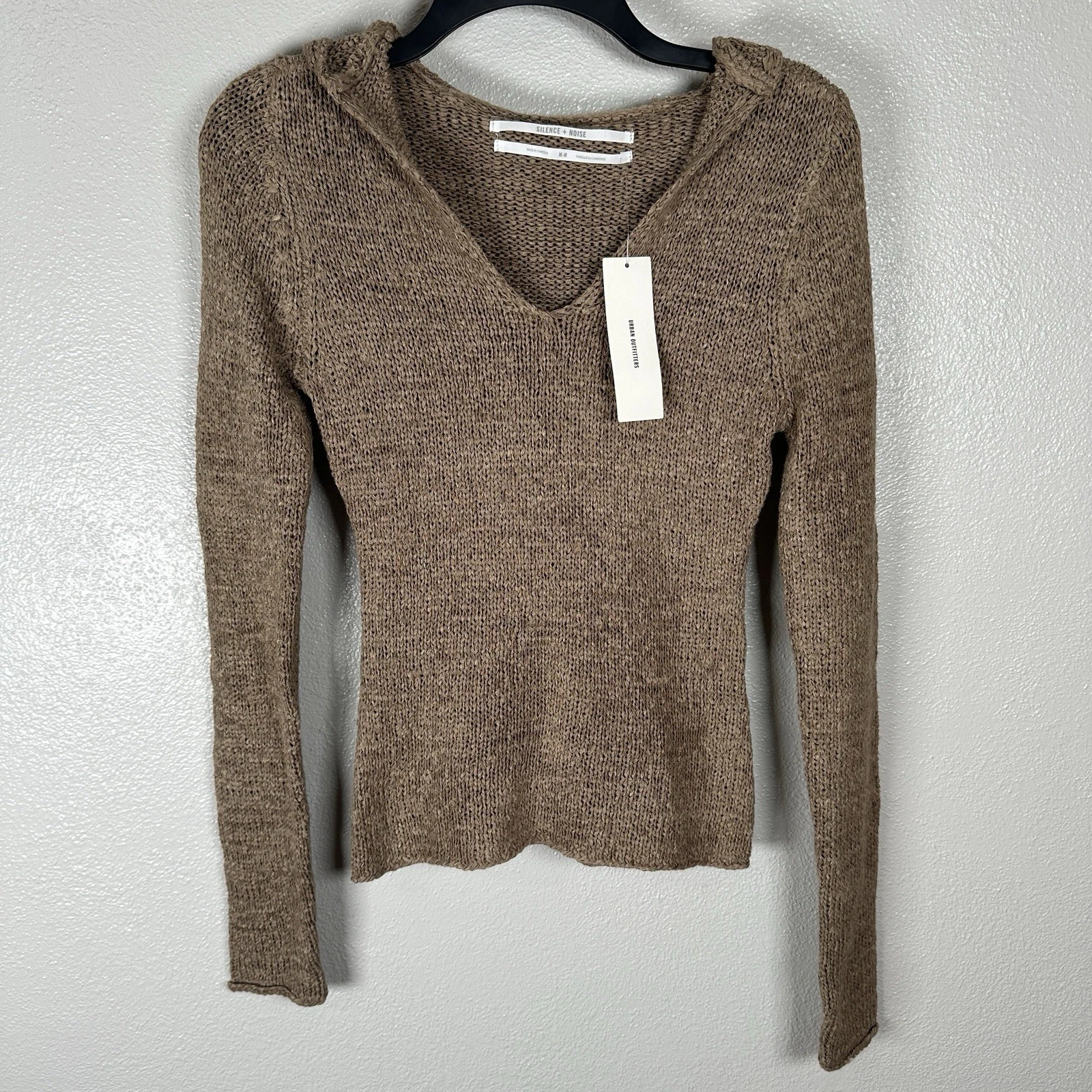 NEW SILENCE + NOISE Knit Hoodie Sweater Top Size Medium Taupe Tan Boho Beachy
