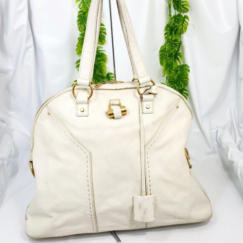 Yves Saint Laurent Muse Crochette Leather Handbag White Gold Hardware Used