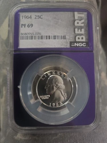 1964 25C Silver Washington Quarter NGC PF 69 Custom Purple Core Bert Label Chase