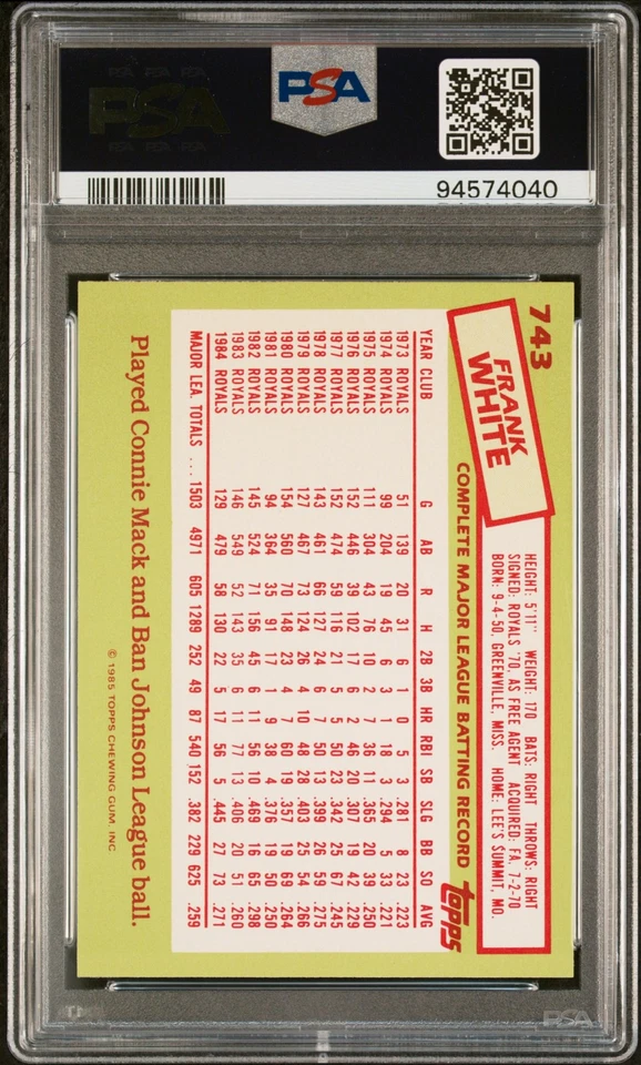 1985 Topps Tiffany Frank White #743 PSA 9 - Image 2 of 2