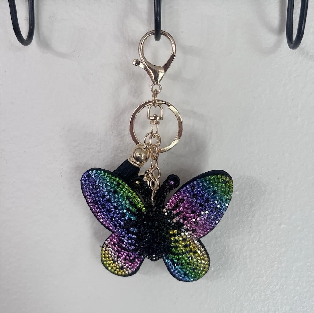 Llavero De Mariposa Azul Con Pedrería - Plata, Diseño Elegante Y Brillante