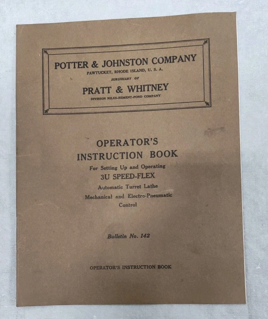 Potter & Johnston Co RI Operators Manual Book 3U Speed-flex Lathe Industrial Vtg