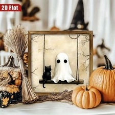 Cute Spooky Halloween Ghost Black Cat Wooden Sign Farmhouse Kitchen Decor Gift