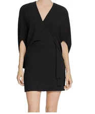 HALSTON Wrap-effect Cape-back Mini Dress Sz 8 Women Black Stretch Crepe