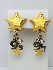 Signed M J Ent 1990s Vintage Gold Star Dangle Clip Earrings MJ Flash Lucite Bead