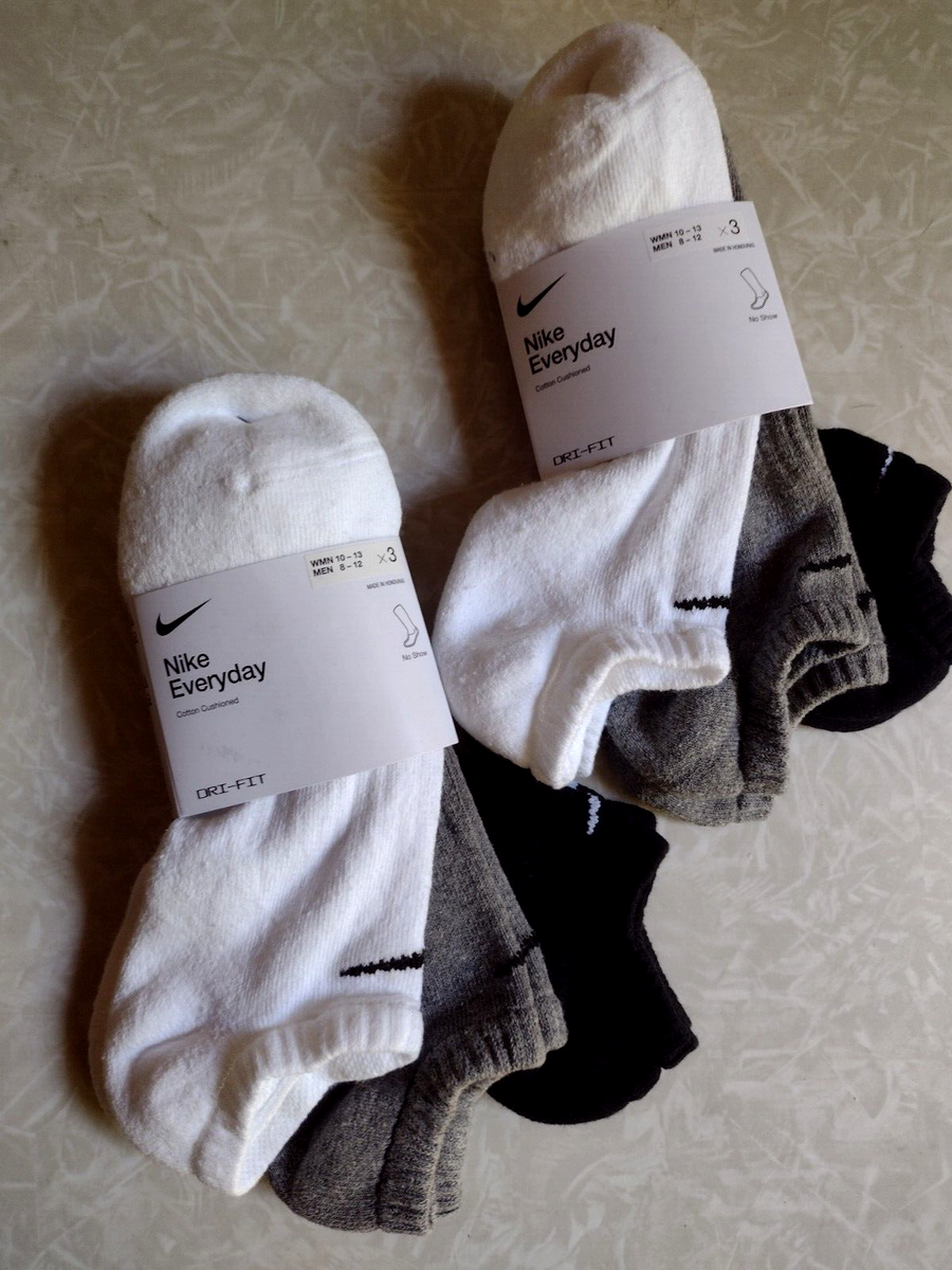 6 Pair Nike Dri FIT Men's Cushioned No Show Socks Grey White Black