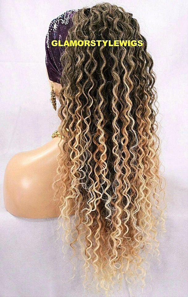 Human Hair Blend Ponytail Long Curly Layered Hair Piece Extensions Brown Blonde - Image 2 of 4