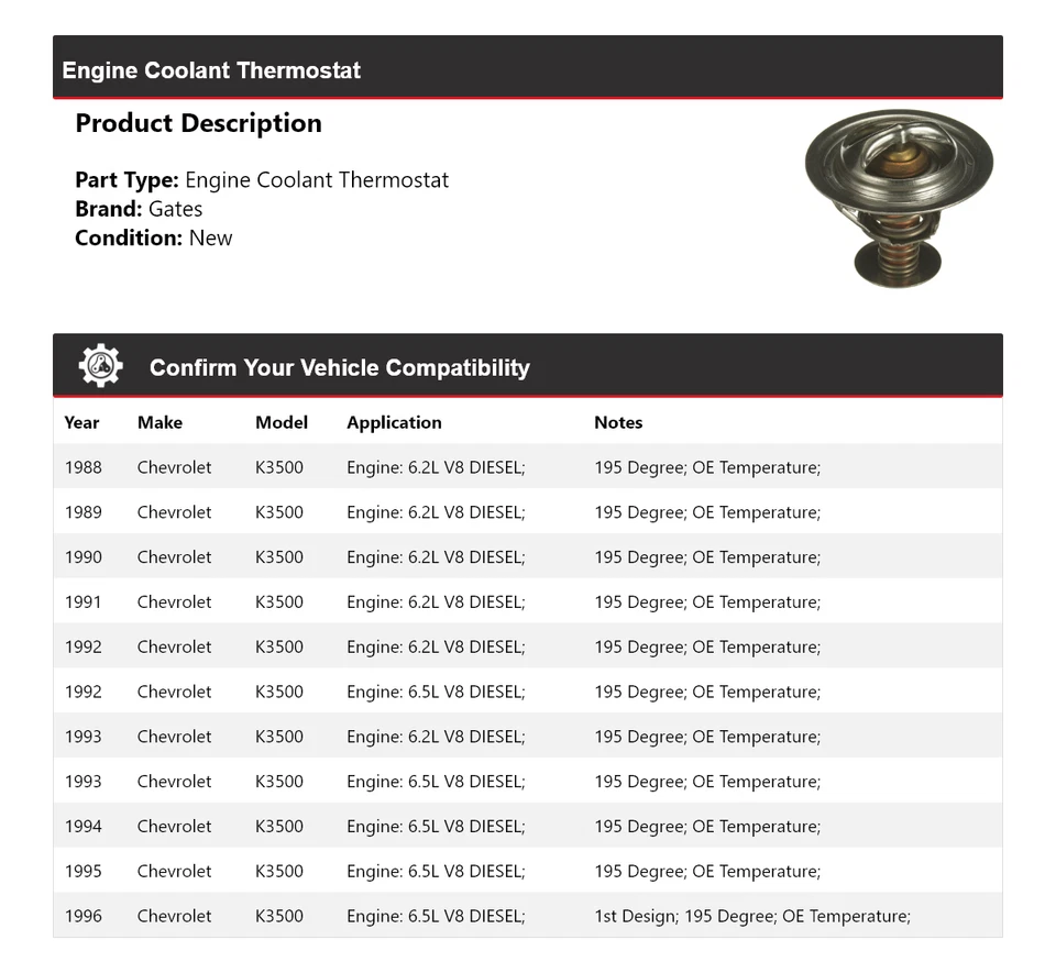 Para Chevrolet K3500 1988-1996 Motor Refrigerante Termostato Puertas 1989 1990 1991 Foto 2 de 4