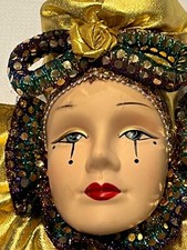 Venetian Harlequin Face Porcelain Stuffed Mask Wall Decor Hanging Vtg 7 inch