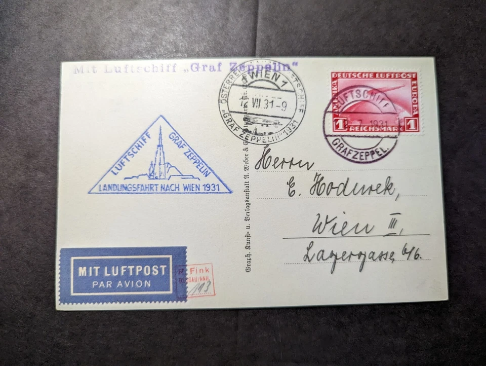 1931 Germany RPPC LZ 127 Graf Zeppelin Airmail Postcard Cover to Vienna Austria - Image 2 of 2
