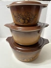 VINTAGE 3 PYREX OLD ORCHARD CASSEROLE DISHES WITH LIDS - 473 474 475 EUC