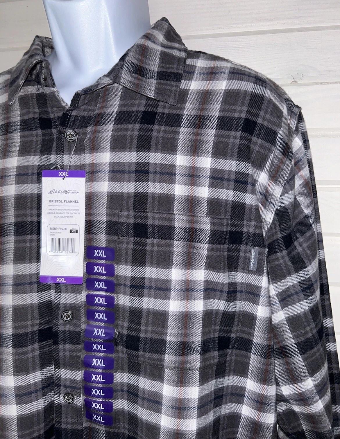 NWT Eddie Bauer Shirt Mens Sz XXL 2XL Bristol Cotton Flannel Button Up $59 Gray