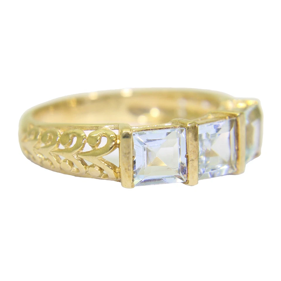 Anillo Princesa Aguamarina Trilogía Oro Amarillo 9ct Talla N ~ 6 3/4 Foto 2 de 4