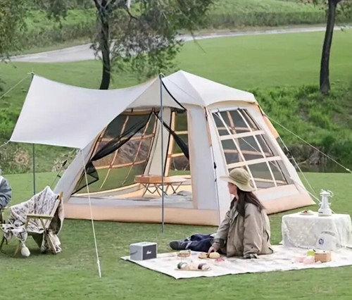 GYMAX Tente De Plage Pop-up, Abri Solaire Pour 3 à 4 Personnes, Porte Et 2 Fenêtre Enroulables, Protection UPF 50+, Pour Camping, Pique-Nique, Avec Sacs De Sable, Sac De Transport (Bleu