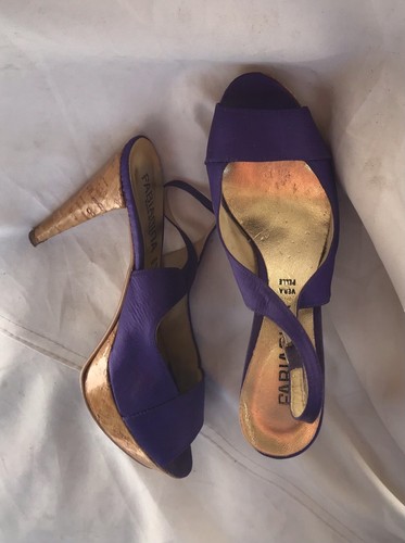 Sandali slingback open-toe con plateau. Raso viola, Pelle e legno. 36 - Foto 2 di 7
