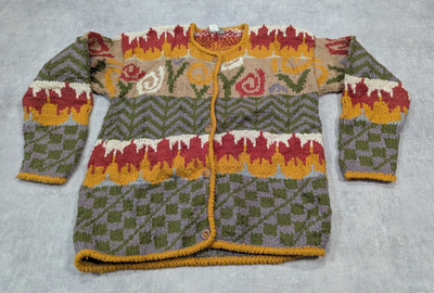 Vintage Territory Ahead Strickjacke Damen M 100% Wolle Blumen Grobstrick Boho rustikal