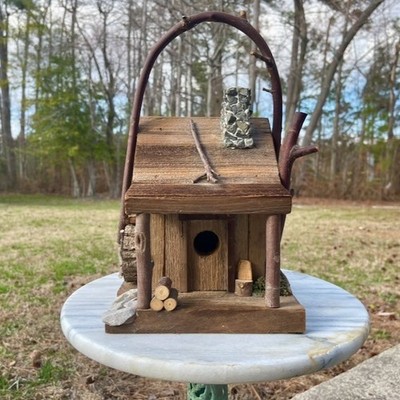Amish Handcrafted Rustic Cabin Birdhouse w/Waterwheel, Stone Chimney, Porch