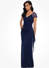 XSCAPE Lace-Sleeve Chiffon Gown - Navy Blue - 6 LAD90