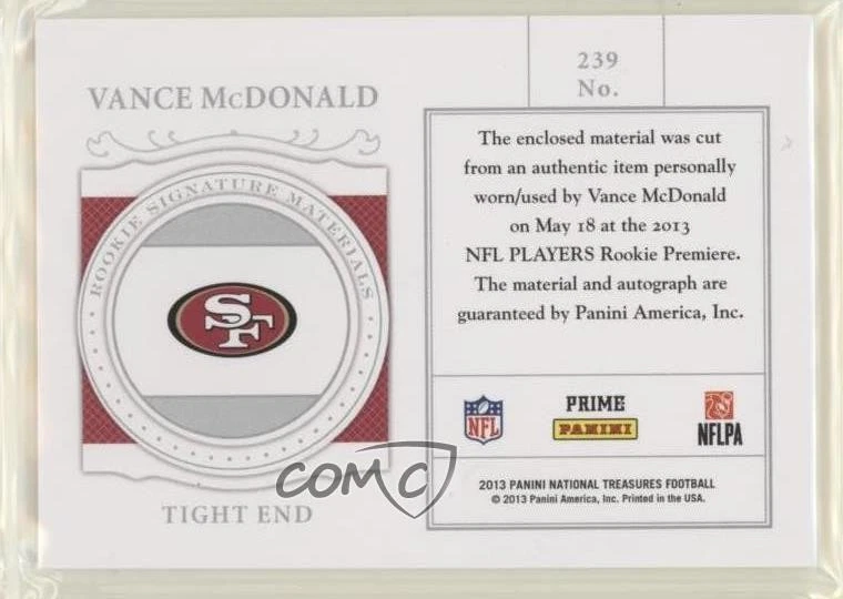 2013 Panini National Treasures Century Gold /49 Vance McDonald Rookie Auto RC - Image 2 of 2