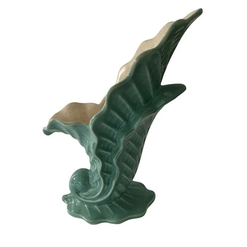 Vintage Redwing Vase, Shell Design, Green Glaze 4x7xH-10.5, Art Deco - EUC