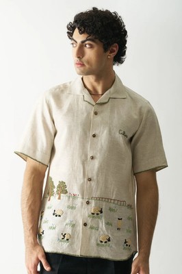 LAZY SHEEP   MENS HAND EMBROIDERED PURE LINEN SHIRT