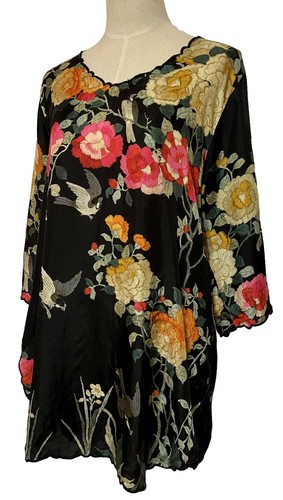Johnny Was Charlotte Rose Size PM Silk Tunic Black Floral Birds Easy Care FLAW - Picture 3 of 12