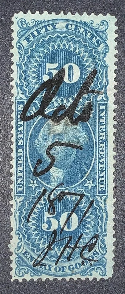 Travelstamps:1862-1871 US Revenue Scott R55c 50c Entry of Goods Pen Cancel Used - Image 2 of 4