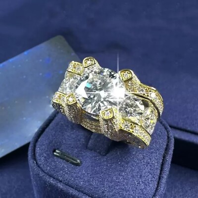 12ct D/FL Brilliant Moissanite 14K Yellow Gold Fn Mens Solitaire Engagement Ring
