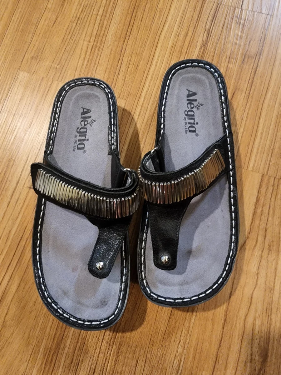 Alegria Sandals Shoes Thong Slip On Black Platform Womens Size 8 Leather