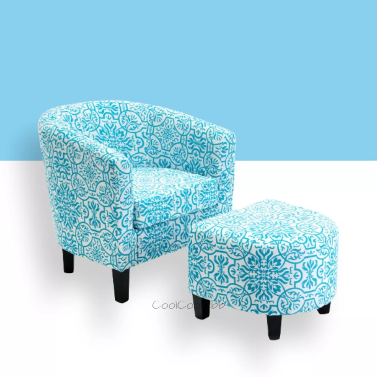 Blue Floral White 2 Piece Barrel Chair and Ottoman Set Home